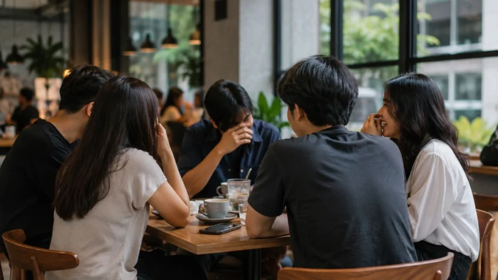 A group of young Indonesian friends chatting casually at an urban cafe