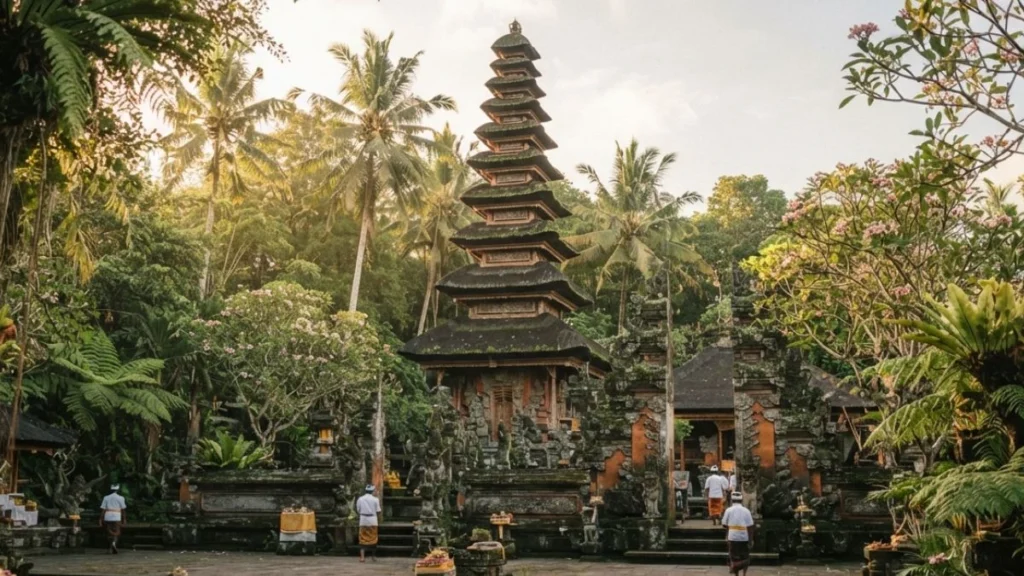 An ornate Balinese Hindu temple with tiered roofs and stone carvings