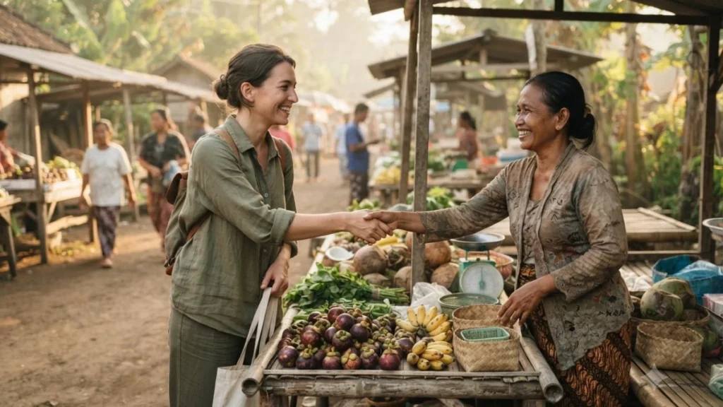 A traveler greeting a friendly local vendor at an outdoor market