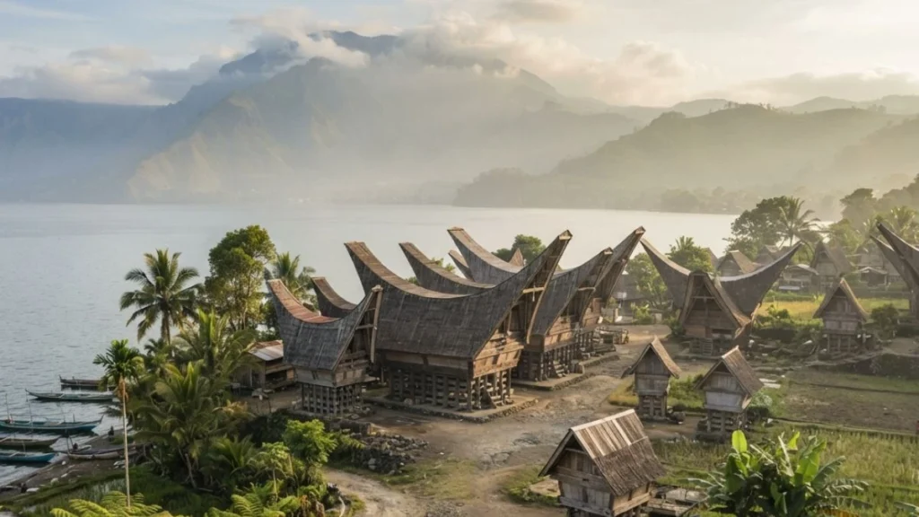 Traditional Batak longhouses with saddle-shaped roofs near Lake Toba