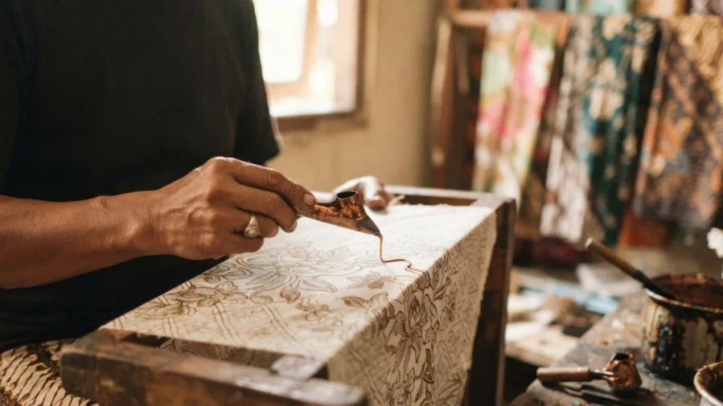 An artisan hand-drawing wax-resist batik patterns with a canting tool
