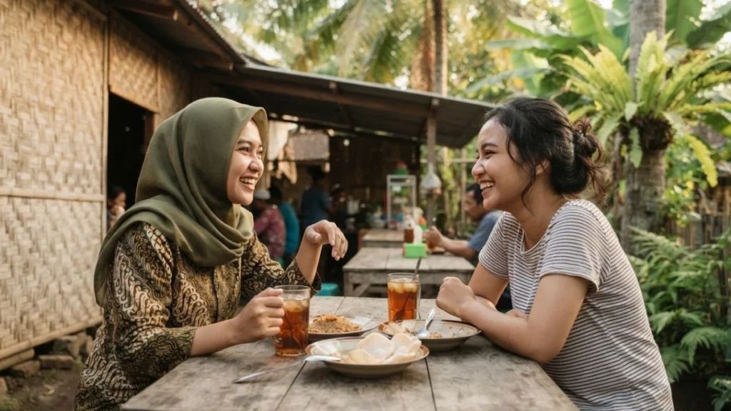 Friends chatting casually over a relaxed everyday conversation in Indonesia