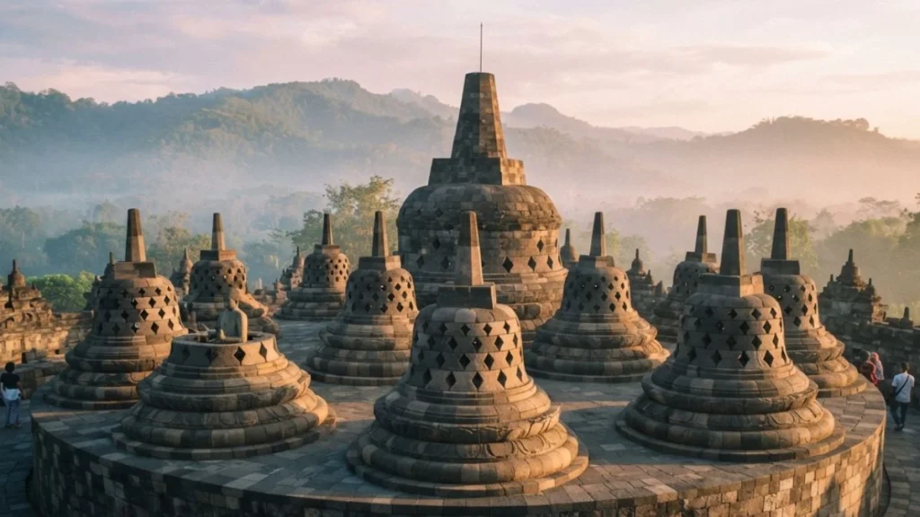 Borobudur's ancient stepped temple terraces glowing at sunrise