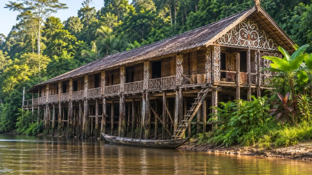 A traditional Dayak longhouse on stilts along a river in Borneo