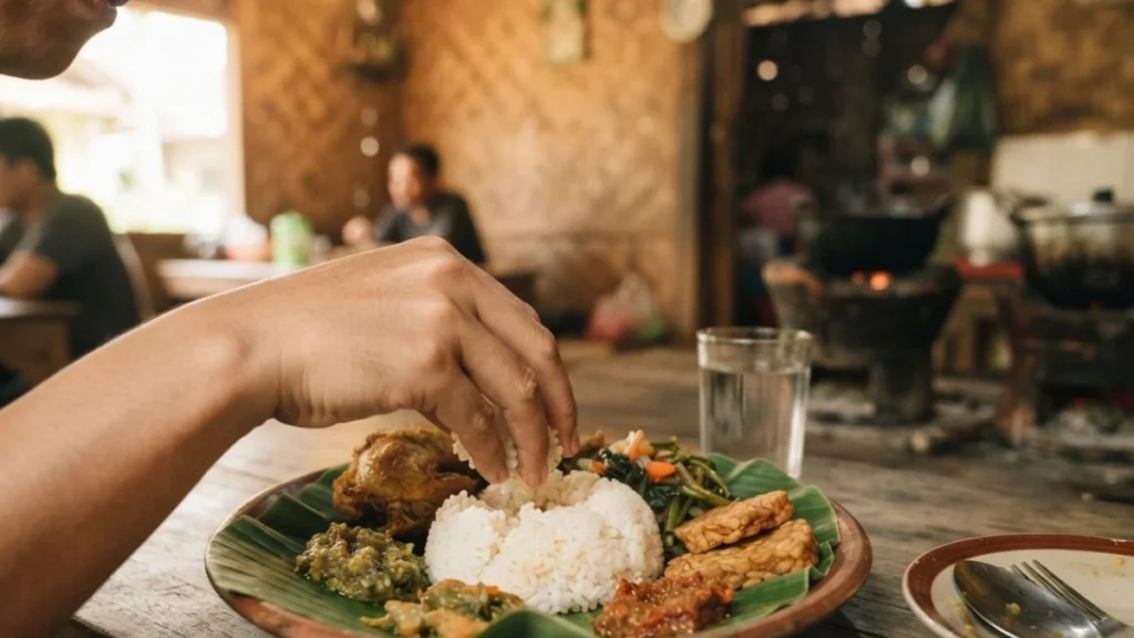 A traditional Indonesian meal eaten using proper fingertip technique