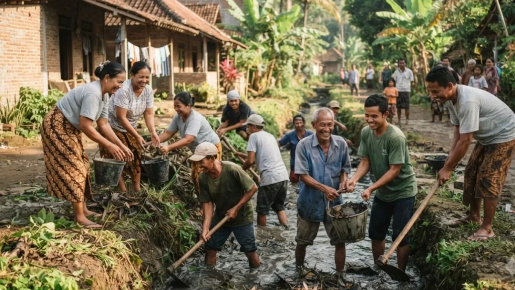 gotong royong meaning - Indonesian villagers working together in mutual cooperation