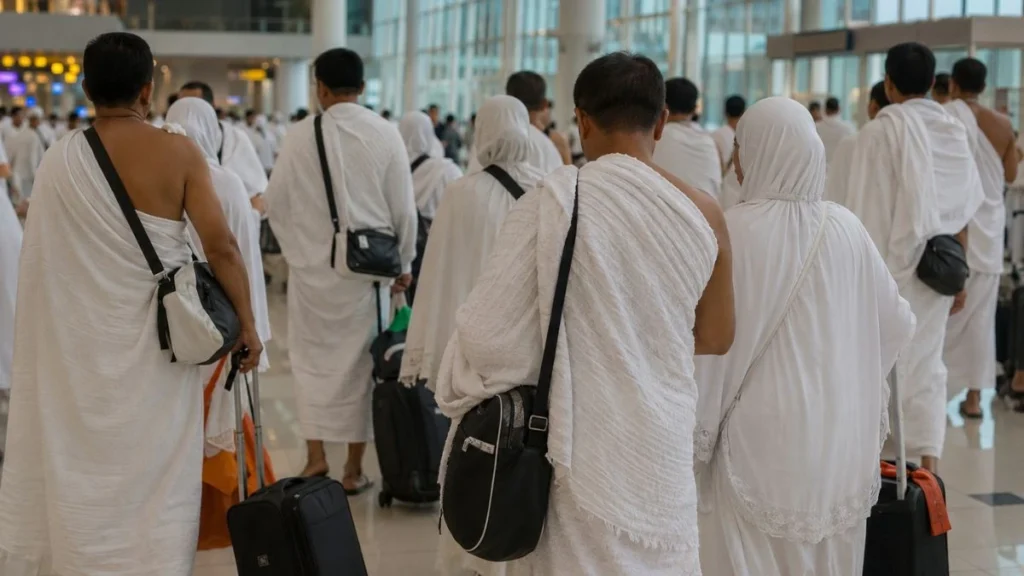 Indonesian Hajj pilgrims in white ihram clothing gathered at an airport before departure