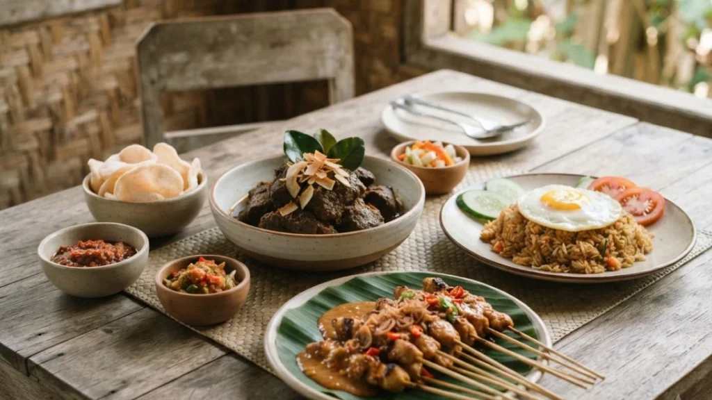 Rendang, nasi goreng, and satay served together on one table