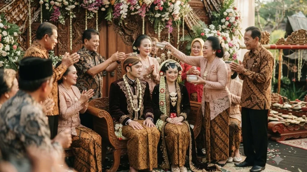 A traditional Indonesian wedding ceremony with a family blessing ritual