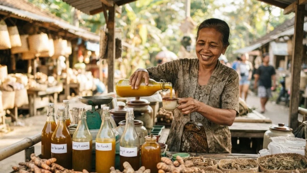 A traditional herbal turmeric drink being served fresh at a local market