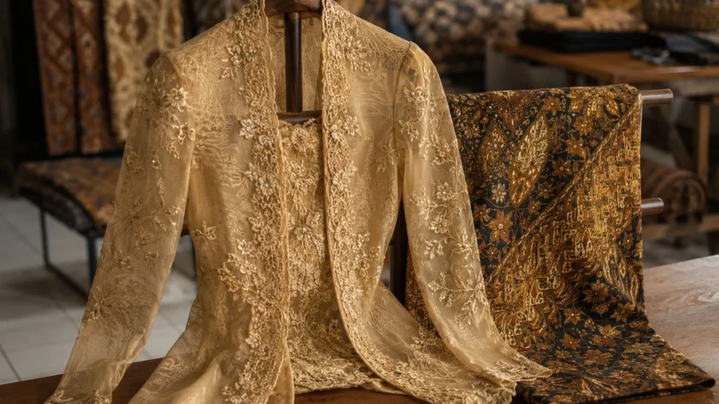 A traditional embroidered kebaya blouse displayed with a batik sarong