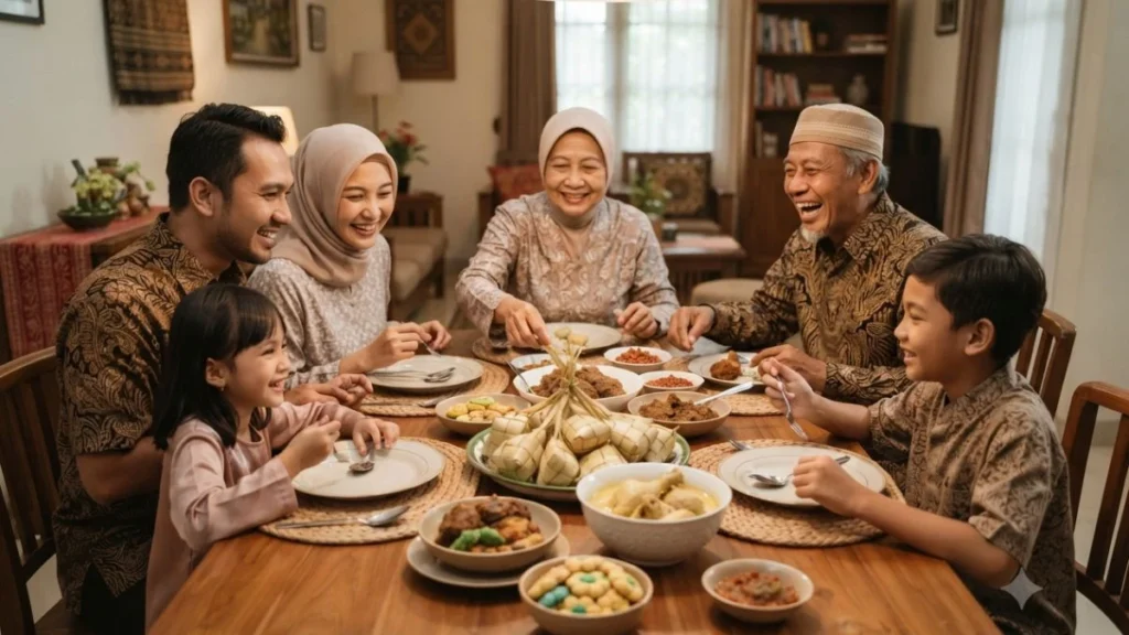 A family sharing a traditional ketupat meal together during Lebaran