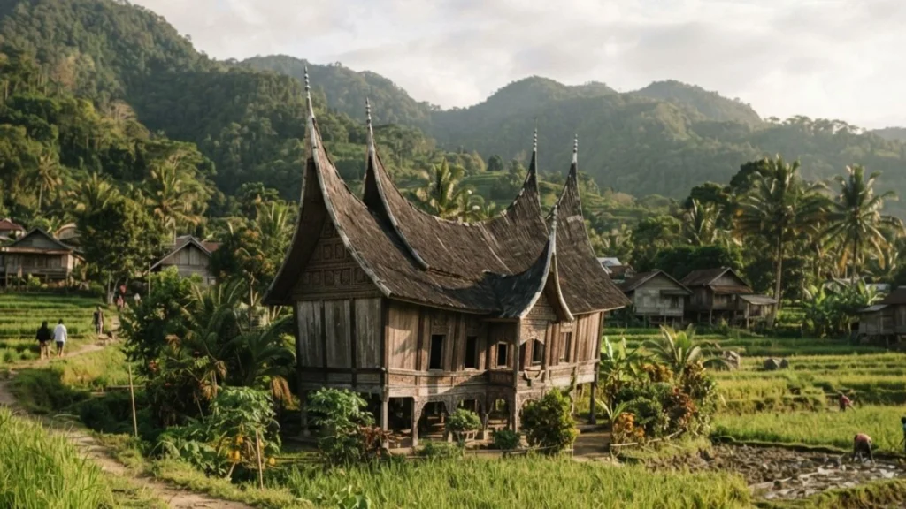 A traditional rumah gadang house in the West Sumatra highlands