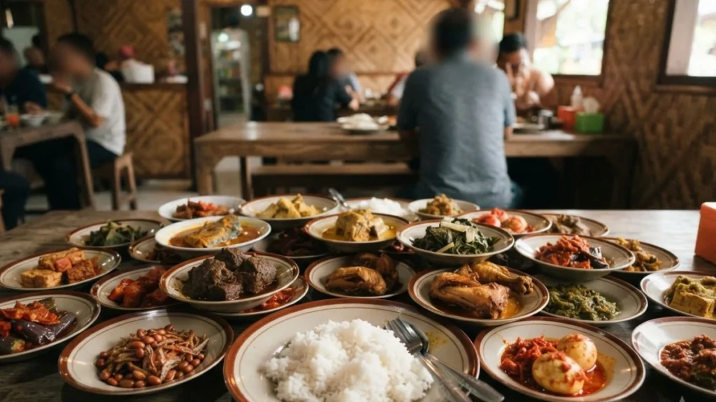 A table filled with traditional hidang-style Padang dishes