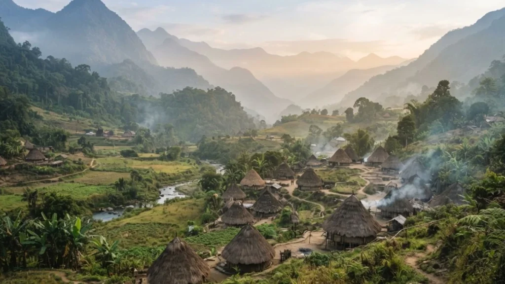 A traditional highland village nestled in the Papuan mountains