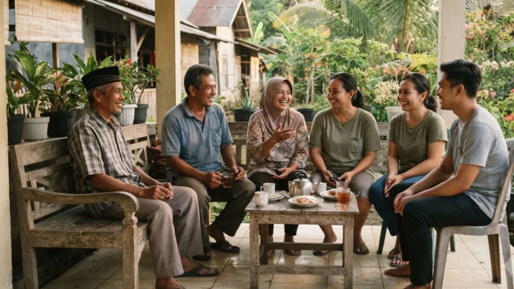 personal questions indonesian culture - friends chatting casually in a community setting