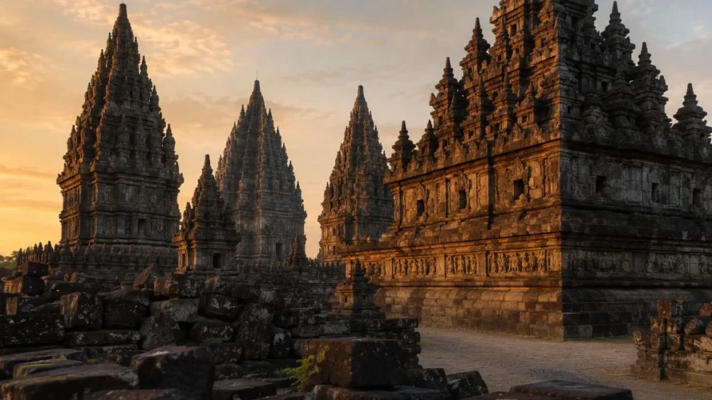 The towering stone spires of Prambanan's ancient Hindu temple complex at golden hour