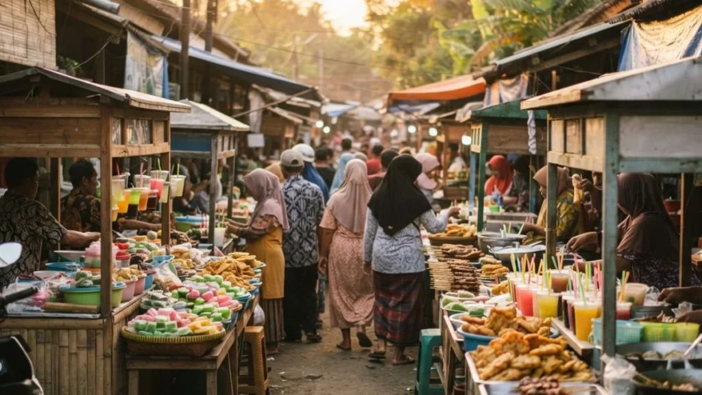 A lively takjil market during the late-afternoon ngabuburit tradition