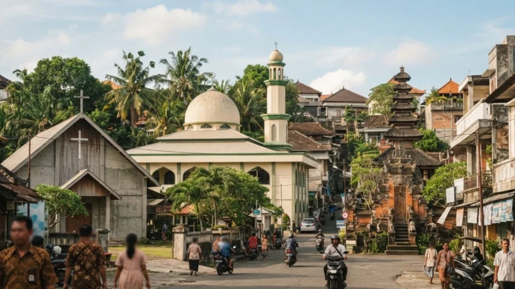 A mosque, church, and temple sharing the same Indonesian skyline