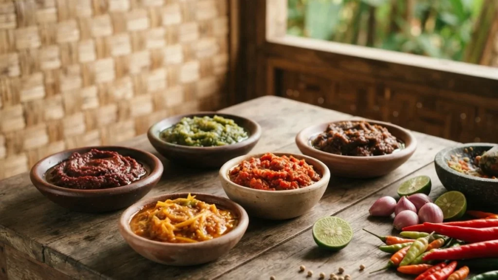 A variety of traditional Indonesian chili pastes served in small bowls