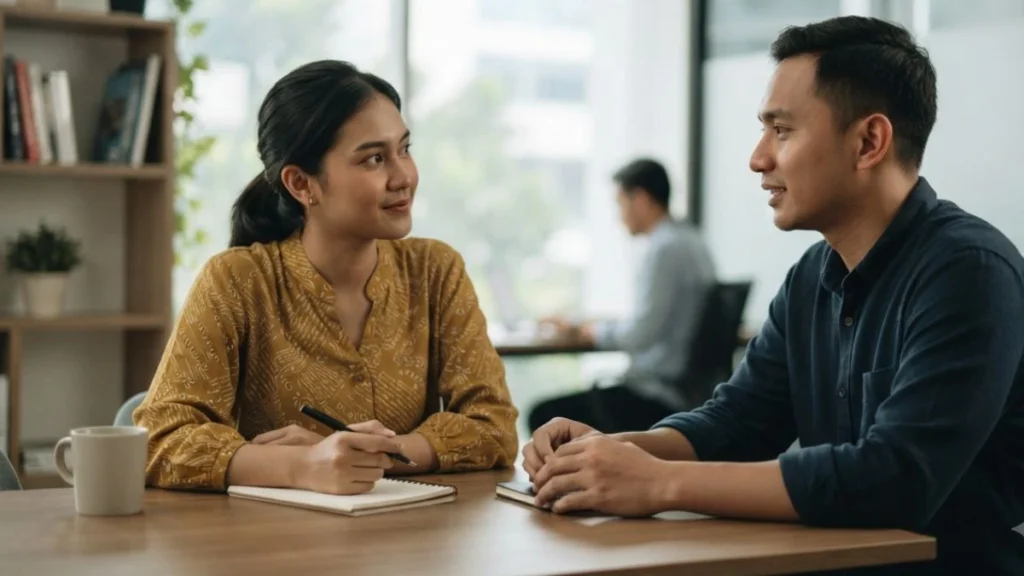 saving face indonesian culture - colleagues having a respectful private conversation