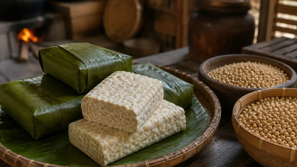 Freshly made tempeh blocks wrapped in banana leaves next to raw soybeans