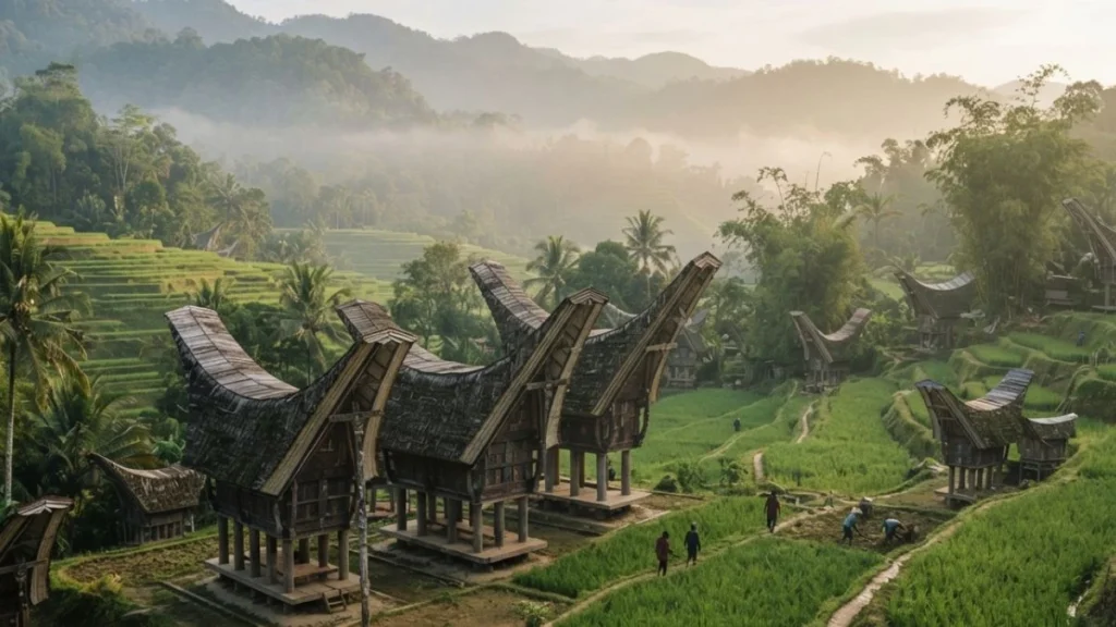 Traditional Tongkonan houses in the misty Sulawesi highlands