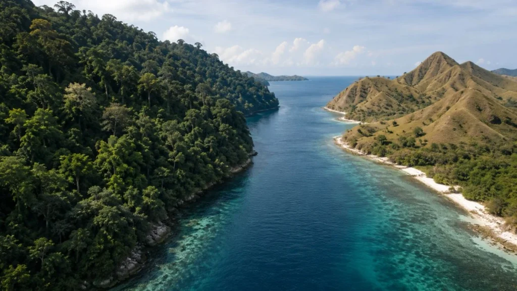 A narrow ocean strait separating two distinct island ecosystems in Indonesia