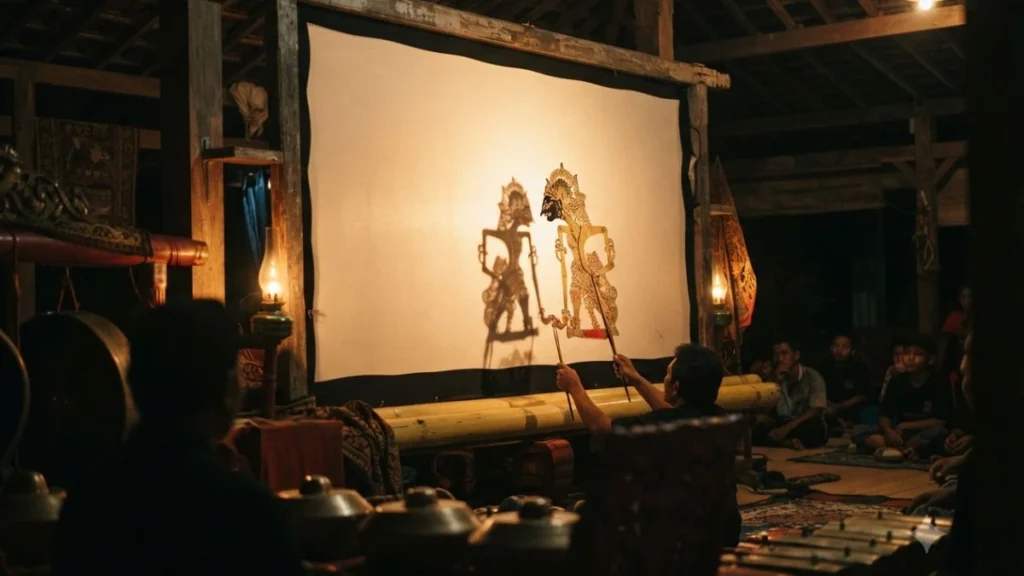 Traditional Indonesian shadow puppet performance lit up at night