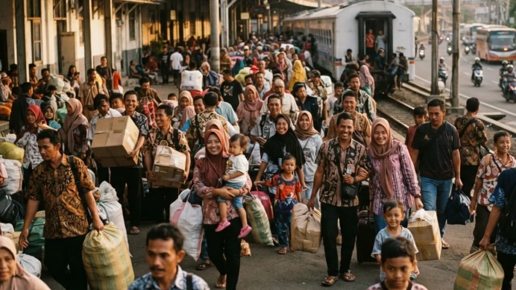 Travelers gathered at a busy station during the annual Eid homecoming