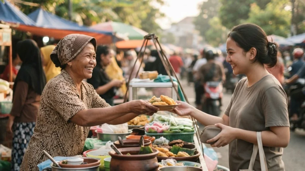 A warm exchange between a vendor and customer at an Indonesian market